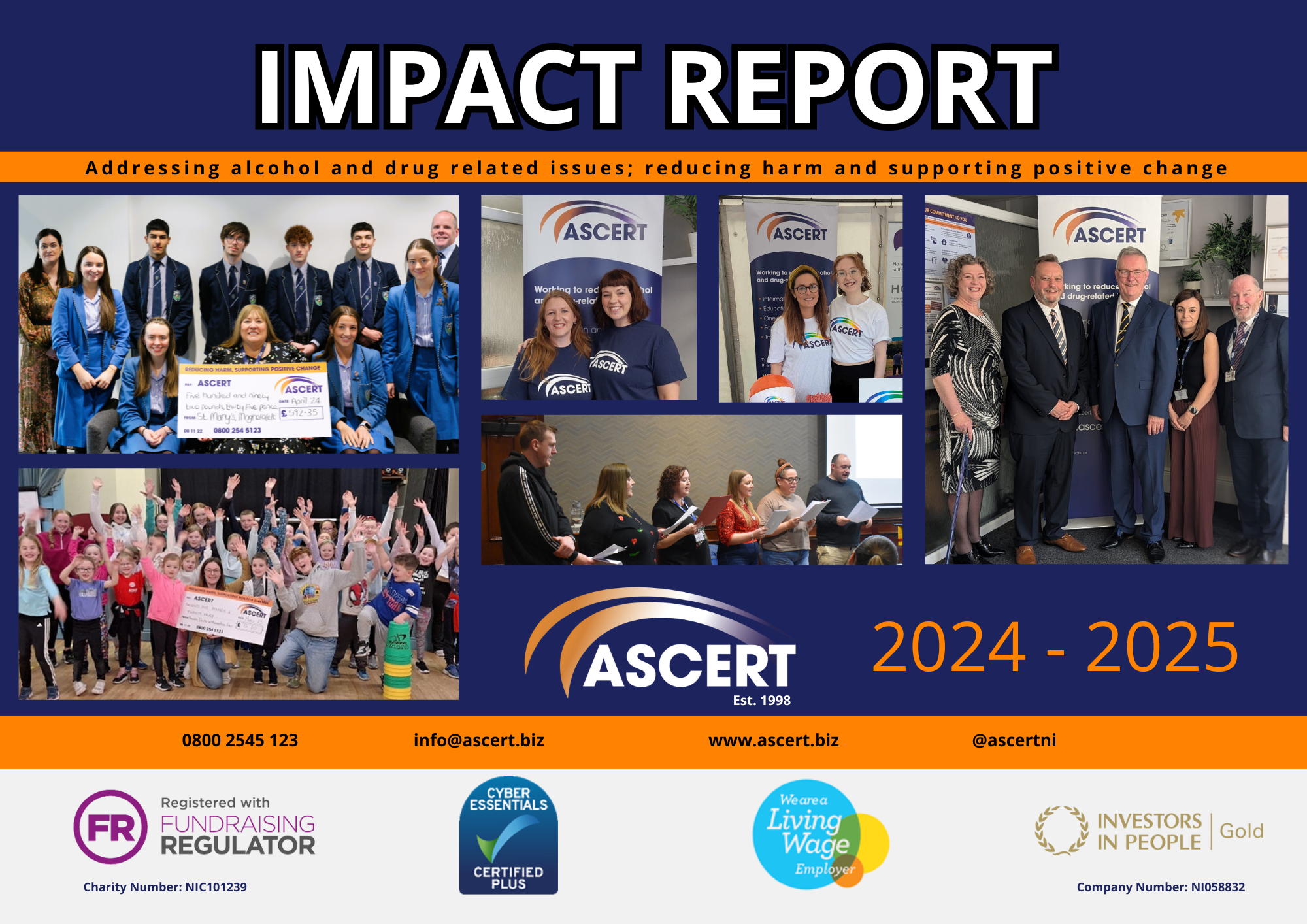 ASCERT's Impact Report Cover Page with images of ASCERT staff at different events such as Pride, Health Minister visit, School visits, Recovery Choir and fundraising activities.